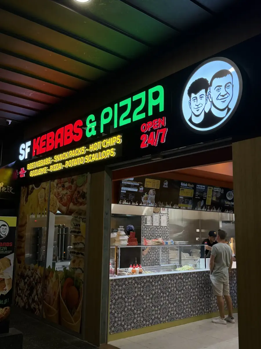 SF Kebabs & Pizza Brisbane shopfront - commercial signage and lighting fit-out by ARKD Electrical